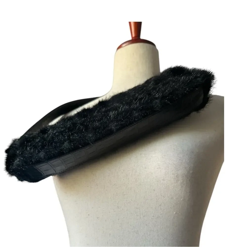 Kate Spade Black Faux Fur Shoulder Bag Embossed Strap Bright Print Lining Chic